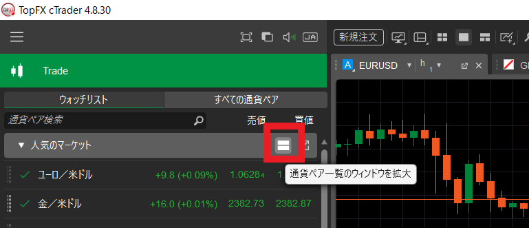 ctrader スプレッド　表示２